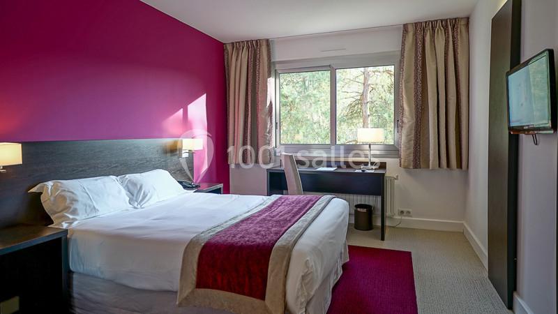 Chambre d'hôtel avec lit double, bureau, télévision murale, murs rose et blanc, et grande fenêtre donnant sur des arbres.