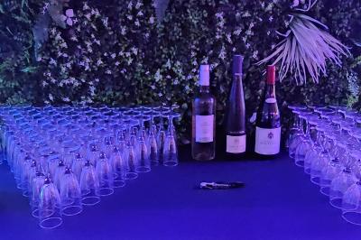 Buffet coloré avec pains, brochettes de fruits, charcuteries et décorations florales en fruits exotiques.