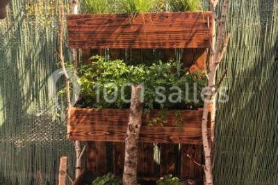 Assiette contenant des feuilles de radicchio garnies de foie gras et de morceaux de pomme disposés en étoile.