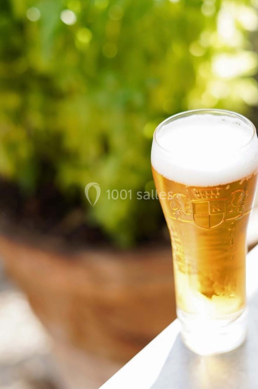 Verre de bière blonde avec mousse posé sur une table en extérieur, devant un pot de plante flou.