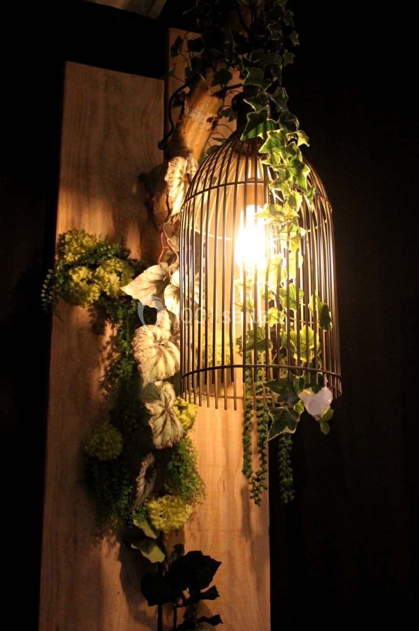 Lampe suspendue en forme de cage dorée, entourée de plantes grimpantes, éclairant un mur en bois sombre.