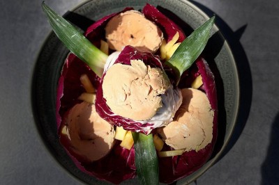 Assiette contenant des feuilles de radicchio garnies de foie gras et de morceaux de pomme disposés en étoile.
