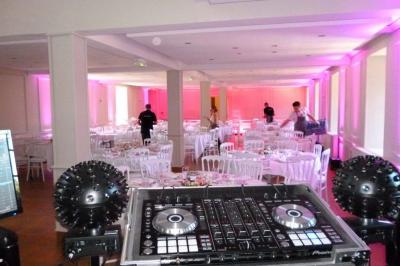 Jardin verdoyant avec un ruisseau traversant, entouré de grandes feuilles et d'arbustes fleuris, près d'une maison en pierre.