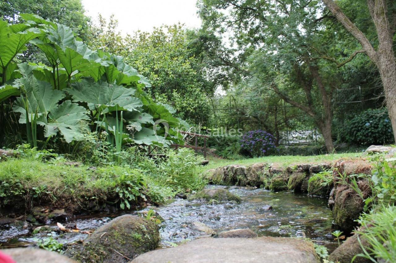 Petit ruisseau traversant un jardin verdoyant avec des arbres, des plantes luxuriantes et des fleurs en arrière-plan.