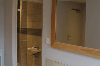 Jardin verdoyant avec un ruisseau traversant, entouré de grandes feuilles et d'arbustes fleuris, près d'une maison en pierre.