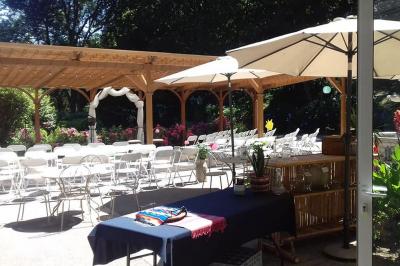 Jardin verdoyant avec un ruisseau traversant, entouré de grandes feuilles et d'arbustes fleuris, près d'une maison en pierre.