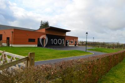 Cuisine avec un évier en inox, un plan de travail sombre, un réfrigérateur blanc et des murs bleus.