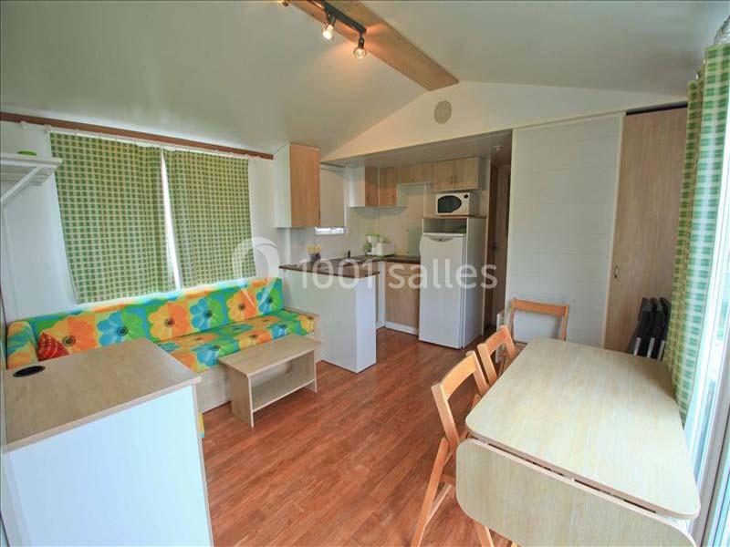 Intérieur d'un mobil-home avec salon coloré, coin repas en bois, cuisine équipée et rideaux à motifs verts.