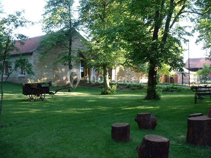 Jardin verdoyant avec des troncs d'arbres coupés, une charrette en bois et un bâtiment en pierre en arrière-plan.
