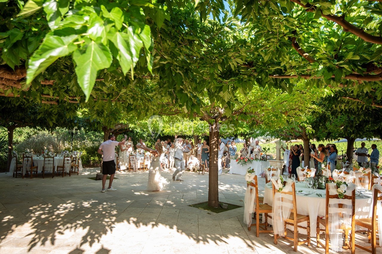 Invités rassemblés sous des arbres ombragés autour de tables décorées pour un événement en plein air.