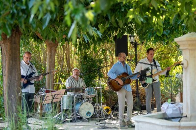 Plateau de petites assiettes garnies, posé sur une table en bois devant des vignes en arrière-plan.