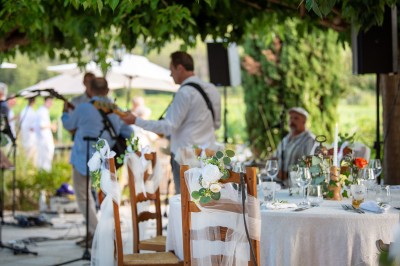 Plateau de petites assiettes garnies, posé sur une table en bois devant des vignes en arrière-plan.