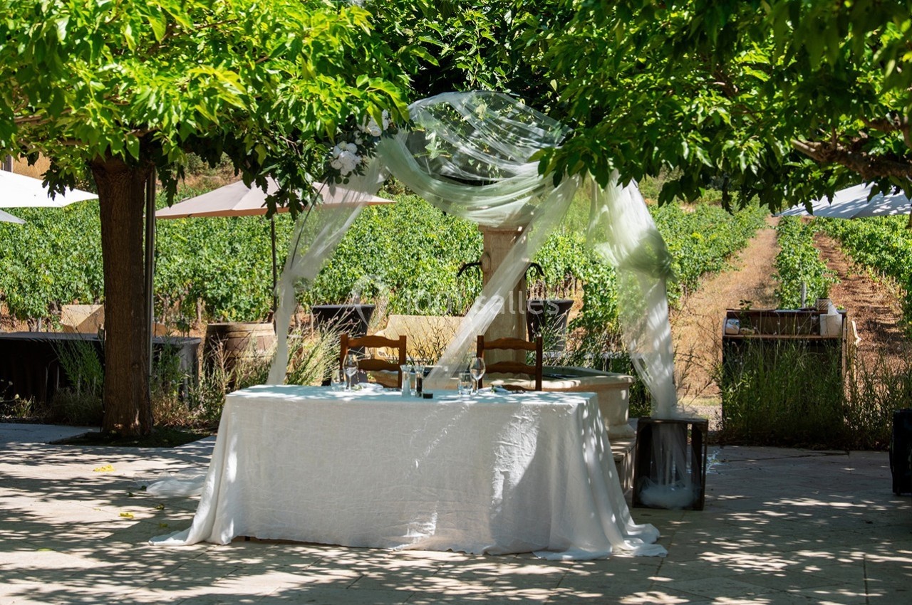 Table décorée avec une nappe blanche sous un auvent en tissu, entourée de vignes et d'arbres verdoyants.