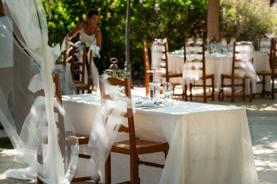 Plateau de petites assiettes garnies, posé sur une table en bois devant des vignes en arrière-plan.