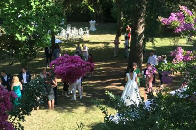 Buffet avec boissons, viennoiseries, fruits et condiments disposés sur deux tables dans une salle lumineuse.