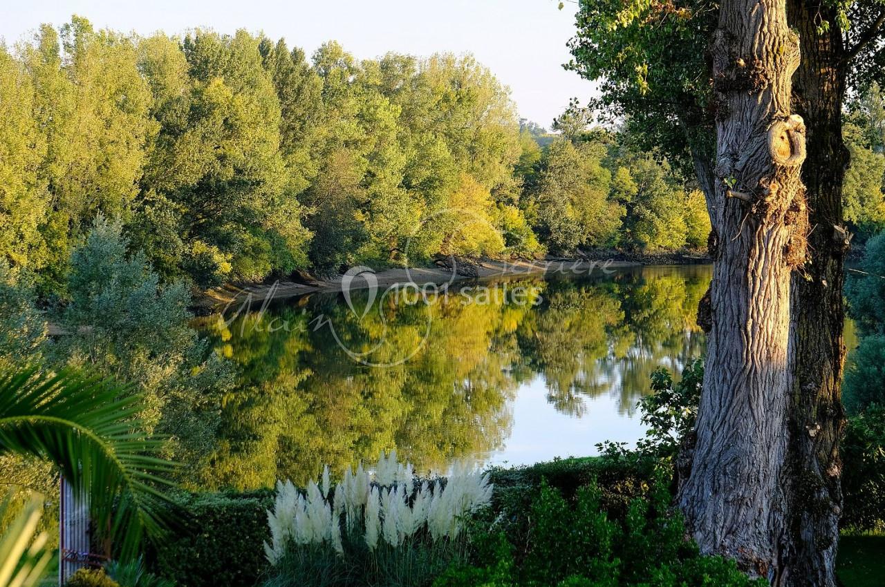 Vue d'une rivière bordée d'arbres et de végétation, reflétant le paysage dans une lumière naturelle.