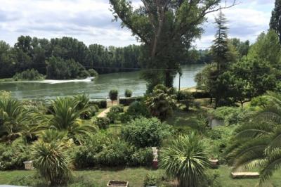 Buffet avec boissons, viennoiseries, fruits et condiments disposés sur deux tables dans une salle lumineuse.