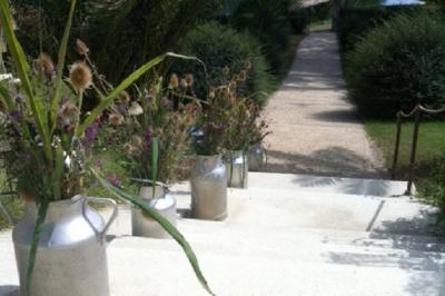 Buffet avec boissons, viennoiseries, fruits et condiments disposés sur deux tables dans une salle lumineuse.