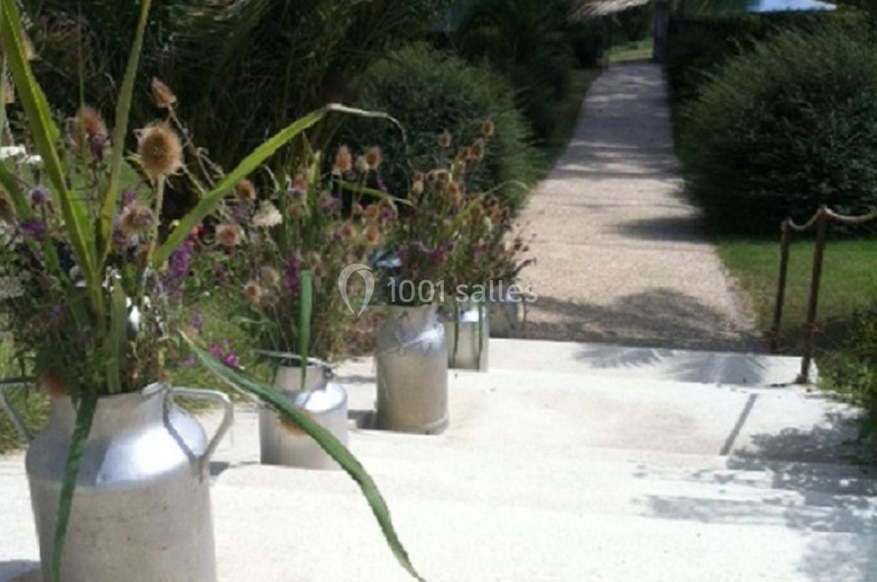 Escalier extérieur bordé de pots en métal remplis de fleurs, menant à un chemin entouré de verdure et de palmiers.