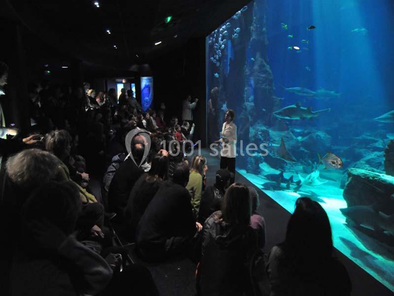 Un groupe de personnes assises observe un aquarium géant avec des poissons et des requins, guidé par une animatrice.