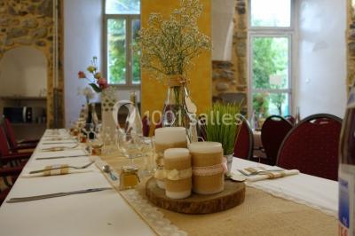 Des personnes en tenue de karaté pratiquent des exercices collectifs dans une salle aux murs en pierre et parquet en bois.