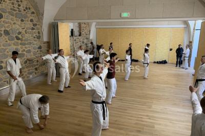 Des personnes en tenue de karaté pratiquent des exercices collectifs dans une salle aux murs en pierre et parquet en bois.
