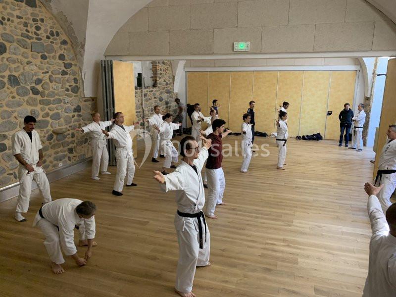 Des personnes en tenue de karaté pratiquent des exercices collectifs dans une salle aux murs en pierre et parquet en bois.