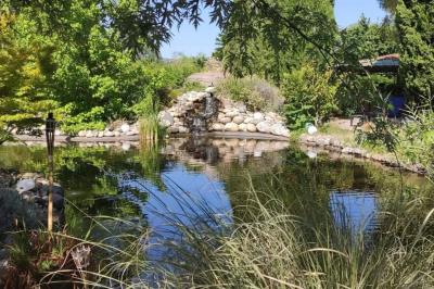 Des personnes en tenue de karaté pratiquent des exercices collectifs dans une salle aux murs en pierre et parquet en bois.