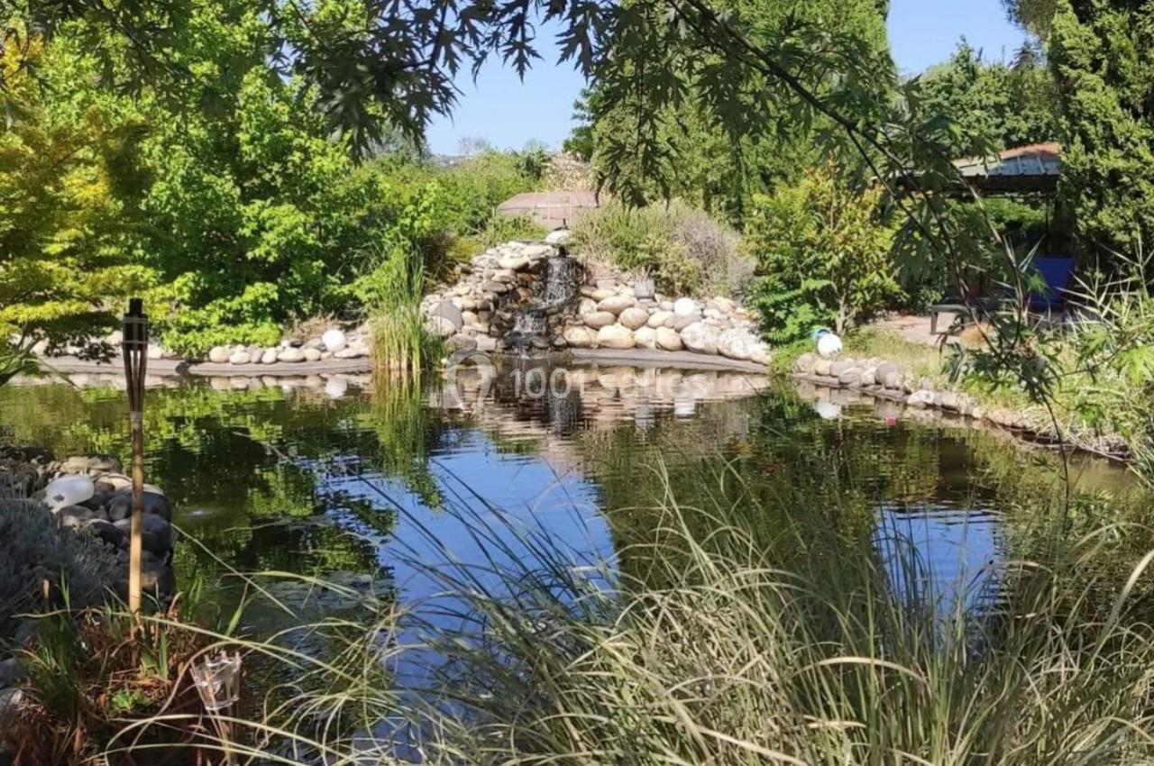 Étang entouré de végétation luxuriante avec une petite cascade et des rochers sous un ciel dégagé.