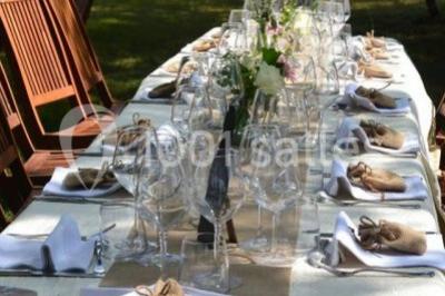 Espace extérieur décoré avec guirlandes lumineuses, fauteuils et tonnelle, au crépuscule dans un jardin.