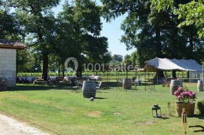 Espace extérieur décoré avec guirlandes lumineuses, fauteuils et tonnelle, au crépuscule dans un jardin.