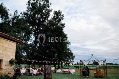 Espace extérieur décoré avec guirlandes lumineuses, fauteuils et tonnelle, au crépuscule dans un jardin.
