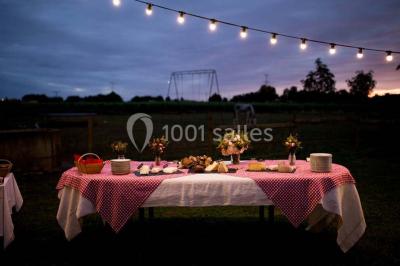 Espace extérieur décoré avec guirlandes lumineuses, fauteuils et tonnelle, au crépuscule dans un jardin.