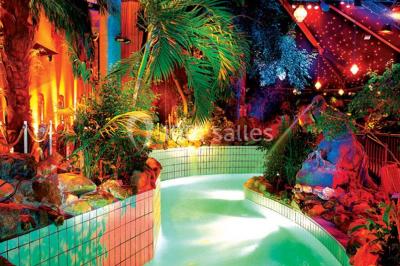 Piscine intérieure décorée de plantes tropicales, éclairée par des lumières colorées et entourée d'un pont en bois.