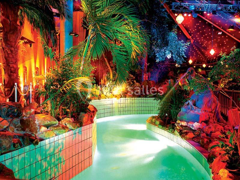 Piscine intérieure entourée de végétation tropicale et éclairée par des lumières colorées dans une ambiance nocturne.