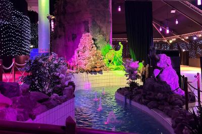 Piscine intérieure décorée de plantes tropicales, éclairée par des lumières colorées et entourée d'un pont en bois.