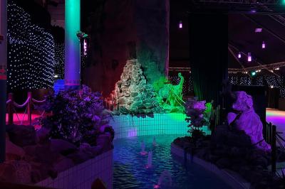 Piscine intérieure décorée de plantes tropicales, éclairée par des lumières colorées et entourée d'un pont en bois.