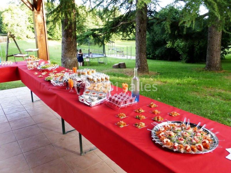 Buffet en extérieur avec nappes rouges, assortiments de plats et verrines, entouré de verdure et d'arbres.