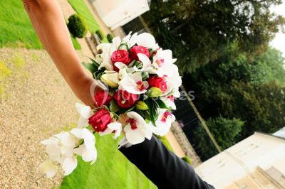 Façade d'un château entouré de jardins bien entretenus, avec un ciel nuageux en arrière-plan.