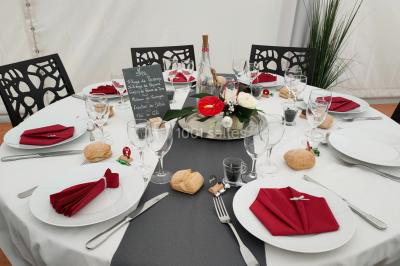 Espace extérieur décoré avec arche florale, deux chaises transparentes et fond blanc sous une tente.