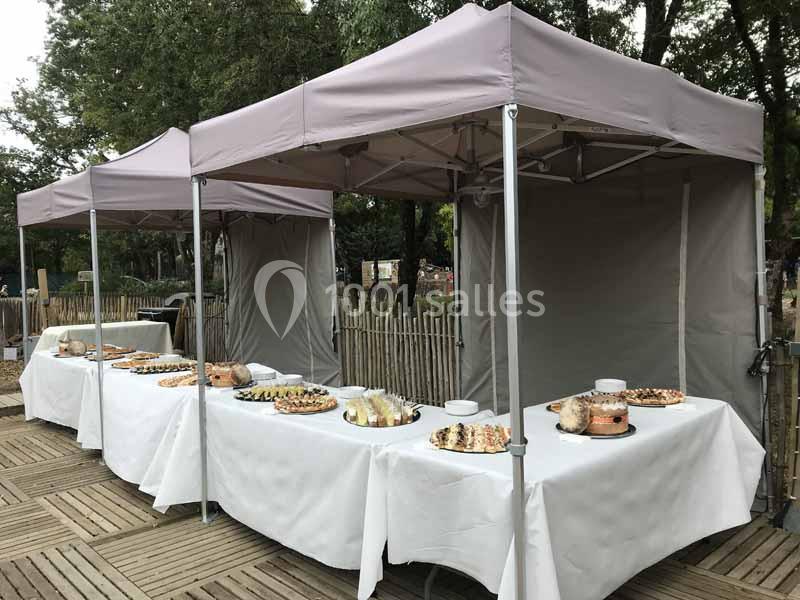 Tables de buffet garnies de plats variés sous des tonnelles dans un espace extérieur avec des arbres en arrière-plan.