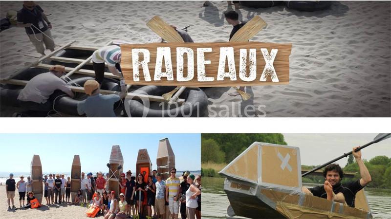 Des personnes construisent et testent des radeaux artisanaux en bois et carton sur une plage et un plan d'eau.