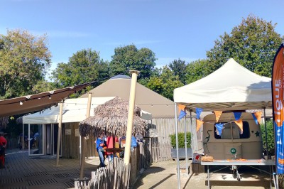 Table décorée pour un buffet avec des éléments naturels, des verrines, des fruits et des décorations en osier.
