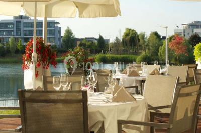 Dessert raffiné composé de fruits rouges, mousse, meringue et sorbet, présenté sur une assiette blanche.