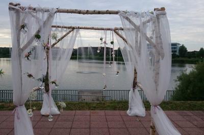 Dessert raffiné composé de fruits rouges, mousse, meringue et sorbet, présenté sur une assiette blanche.