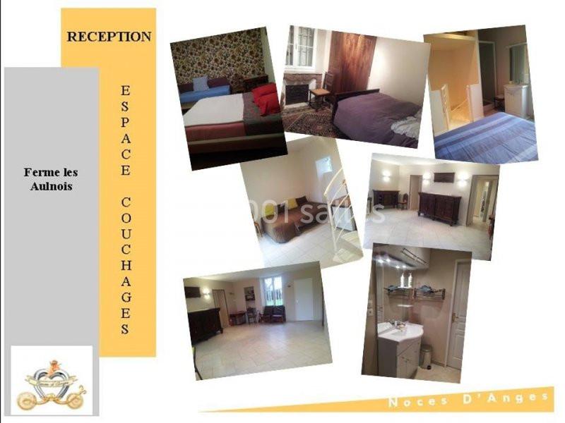 Montage photo présentant plusieurs pièces d'un espace de couchage avec lits, salon, salle de bain et décoration variée.