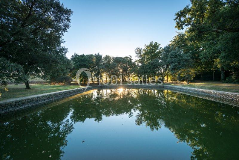 Étang entouré d'arbres avec un ciel dégagé au coucher du soleil, reflété dans l'eau calme.