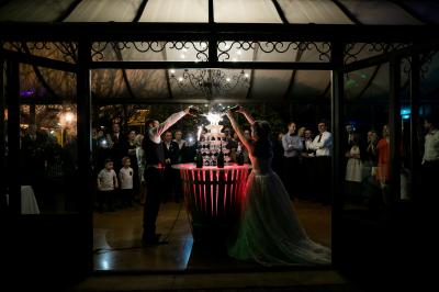Intérieur d'une serre lumineuse avec un toit en verre, des lustres suspendus et un sol réfléchissant.