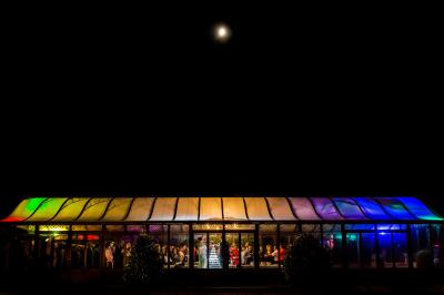 Intérieur d'une serre lumineuse avec un toit en verre, des lustres suspendus et un sol réfléchissant.