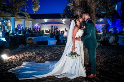 Un couple en tenue de mariage s'enlace dans un champ entouré d'oliviers sous une lumière douce.
